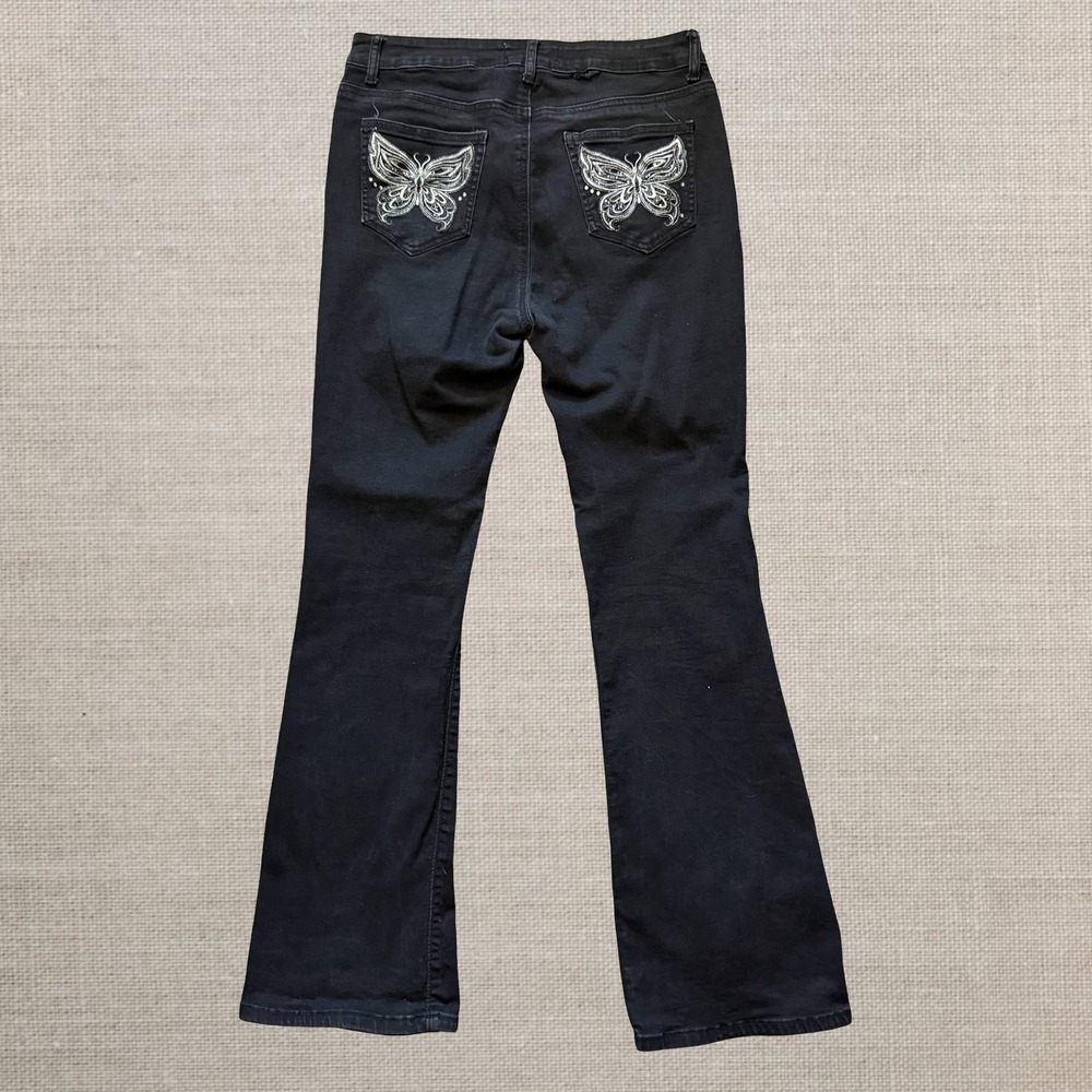 Bambou Butterfly Flare Jeans 29 Y2K Rhinestone Pocket Stretch Denim Black Vtg